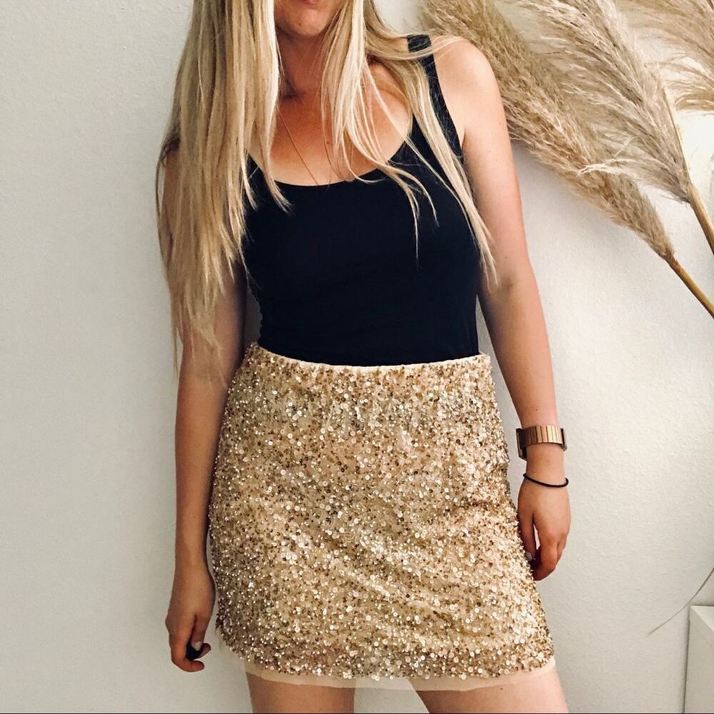 ZARA Woman Gold Tan Cream Sequin Sparkle Beaded Mesh Overlay Mini Skirt Small